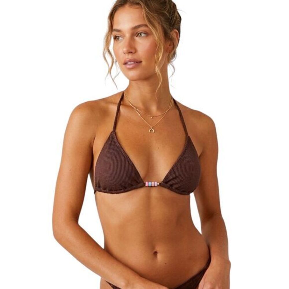 Motf Shein Bikini Bra Top Brown Ribbed Size XS Back Tied Beads Padded NWT Summer